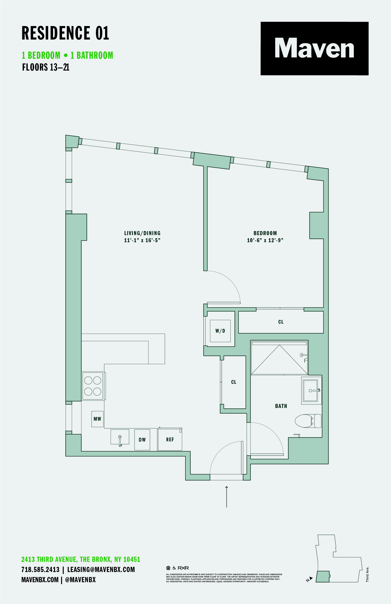 Floor plan for 1 bed, 1 bath